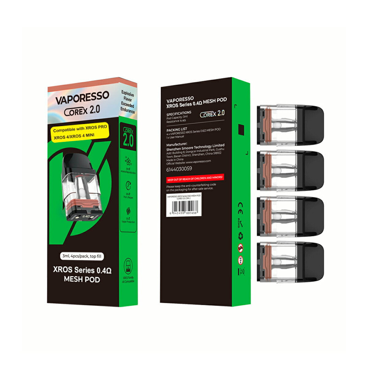 VaporessoXROSシリーズCorex2.03ml交換用ポッドカートリッジ4個入PODベポレッソクロスミニナノ234mininanodl電子たばこ電子タバコベイプリキッド爆煙禁煙ニコチンゼロタールニコチン0水蒸気電子シーシャmtlvape正規品